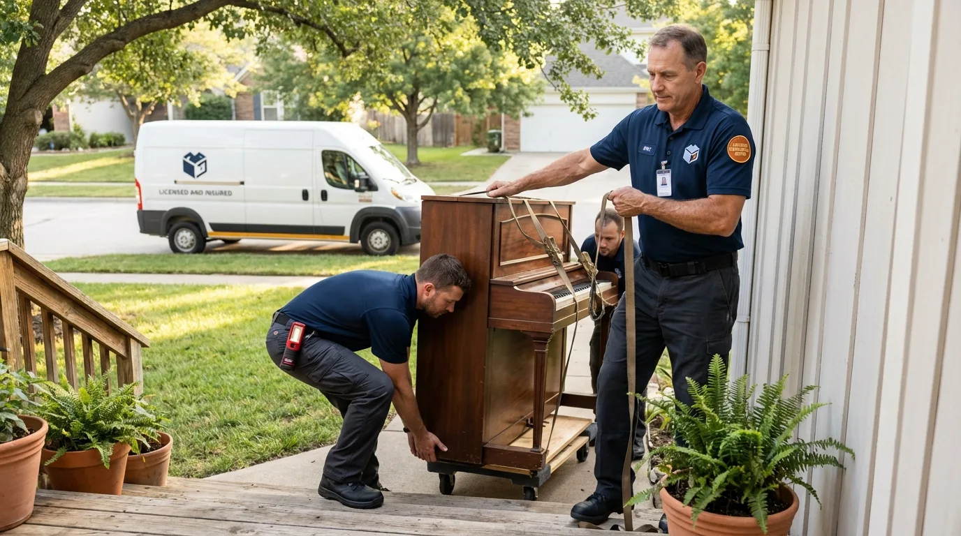Licensed piano movers securing grand piano in Akutan, AK