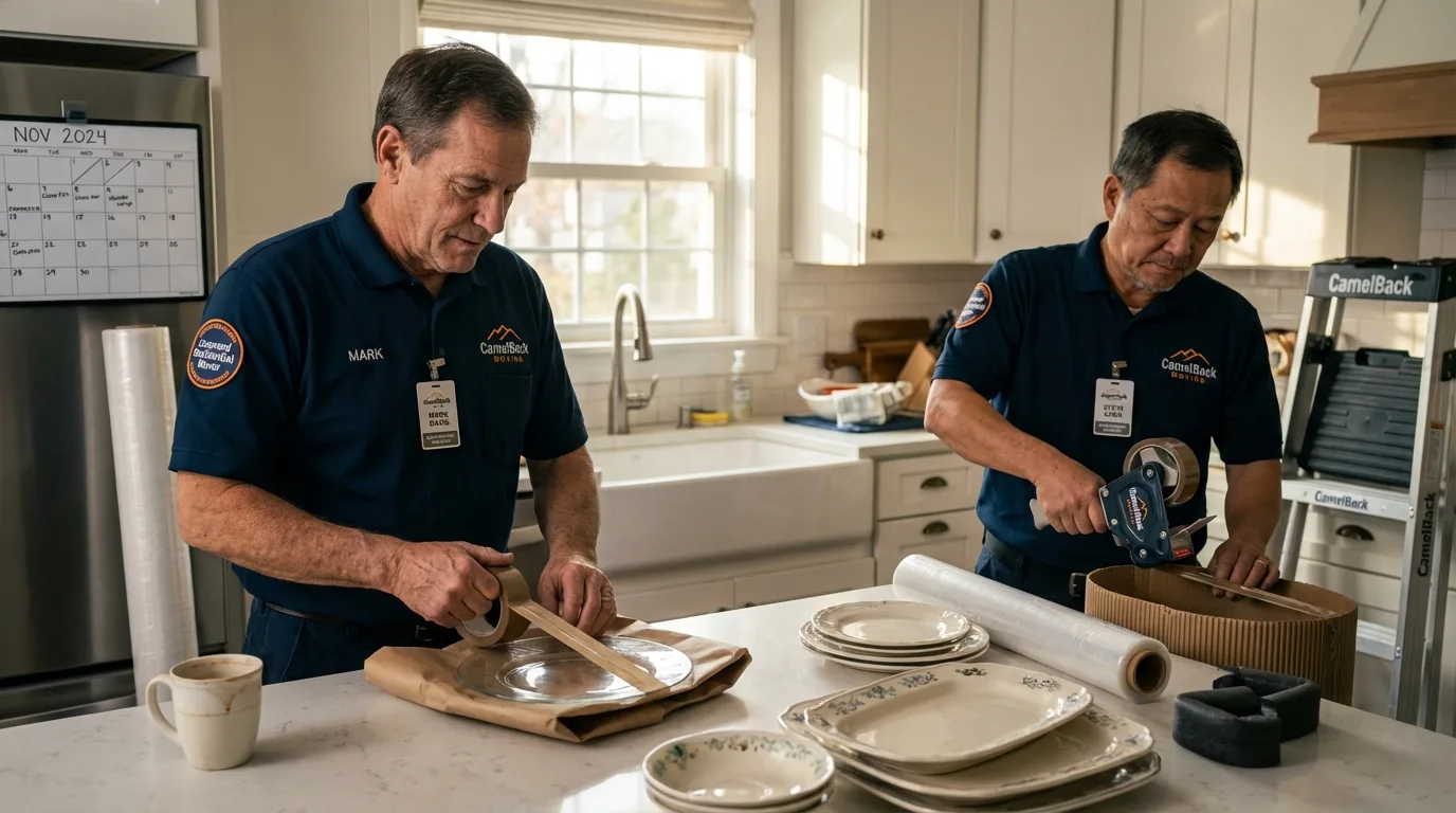 Professional crew packing kitchen dishware in Akutan, AK